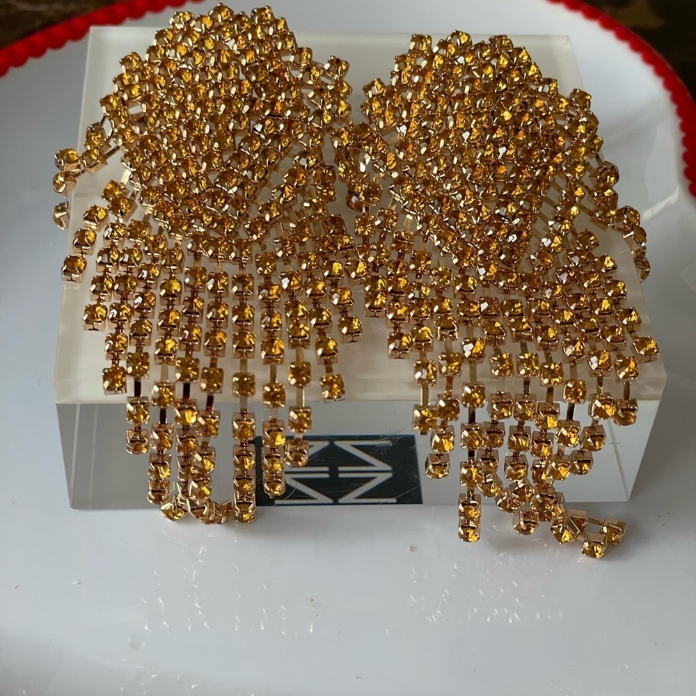 Gold toned rhinestone statement drop earrings - Picture 4 of 5
